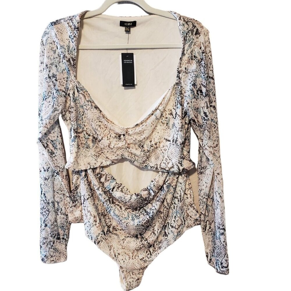 AFRM Neutral Aqua Snake Print Long Sleeve Cutout Bodysuit‎ Size XL
